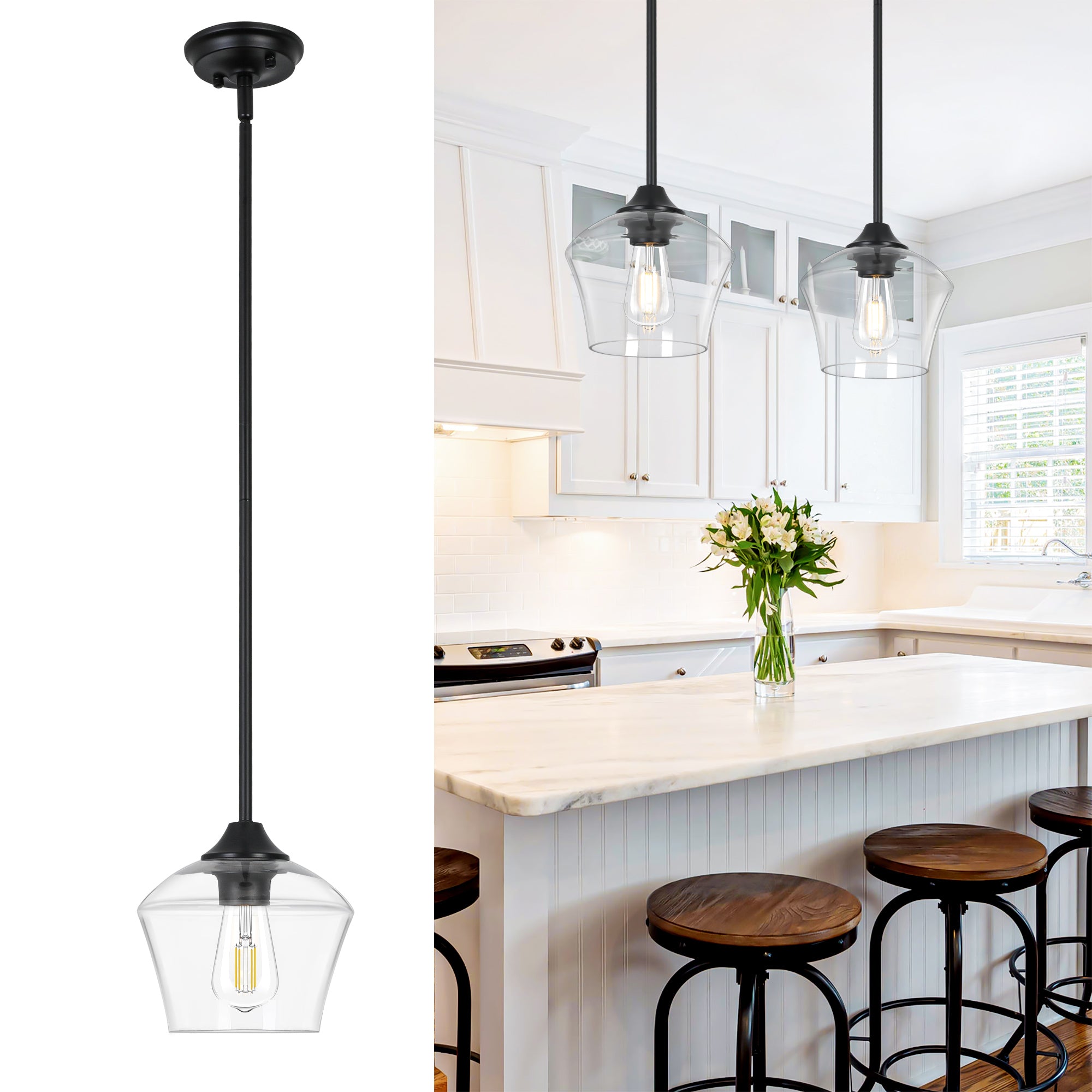 GOOUQA 1-Pendant Lights Kitchen Island, Hand Blown Glass Pendant Light Fixtures, Metal Light Fixtures Rod Ceiling Ceiling Lighting for Kitchen Island Dining Room Bar