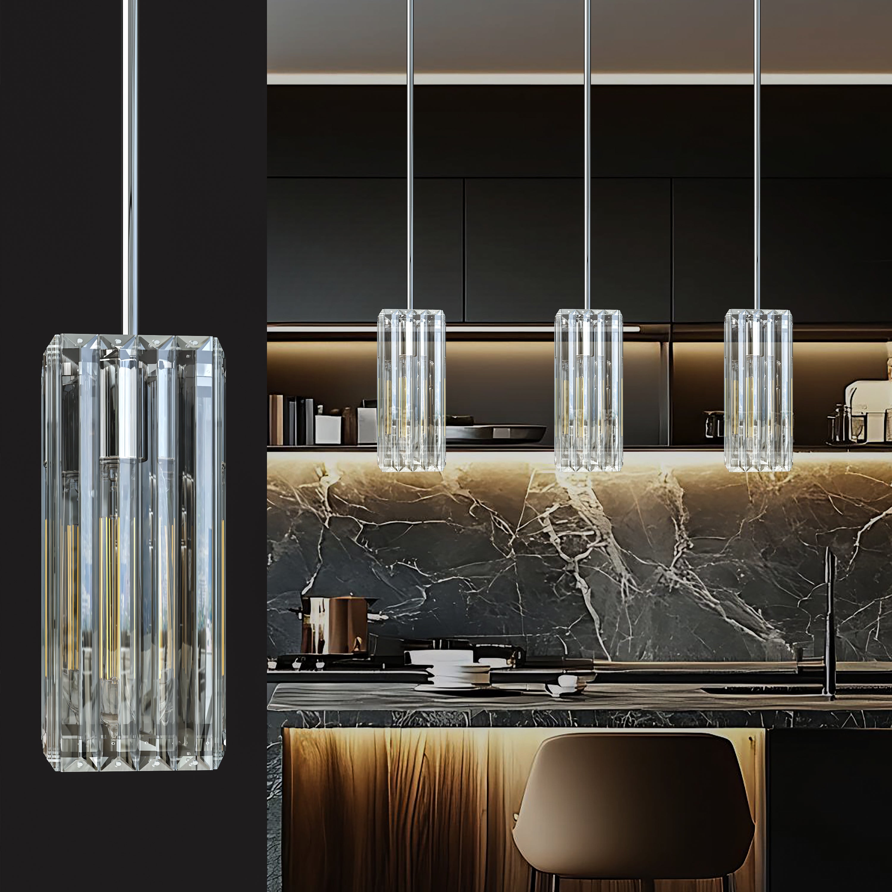 Crystal Pendant Lights for Kitchen Island - 10" Gold Adjustable Chandelier, Dimmable E26 Hanging Fixture, Modern Lighting for Dining Bar, ETL Certified