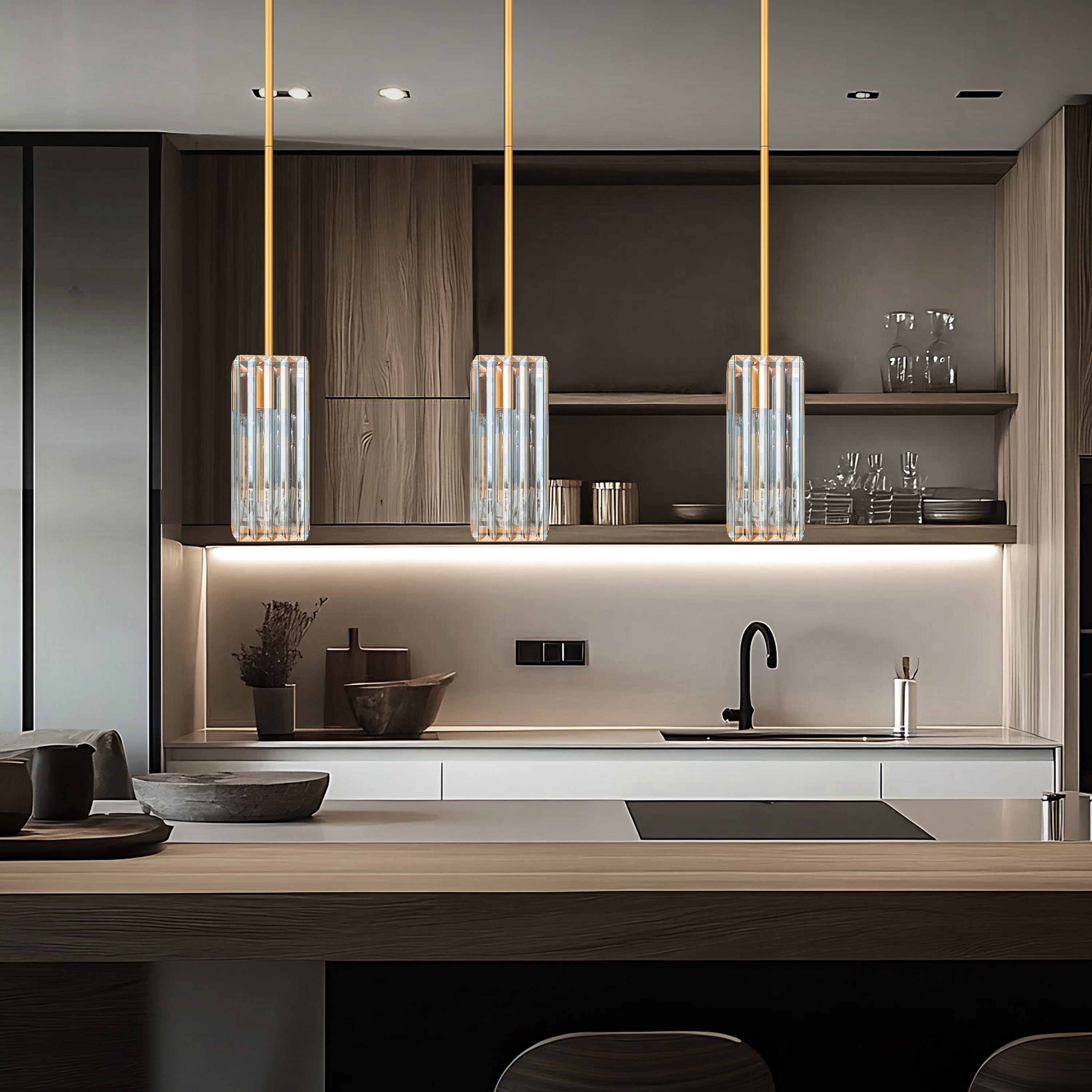 Crystal Pendant Lights for Kitchen Island - 10" Gold Adjustable Chandelier, Dimmable E26 Hanging Fixture, Modern Lighting for Dining Bar, ETL Certified