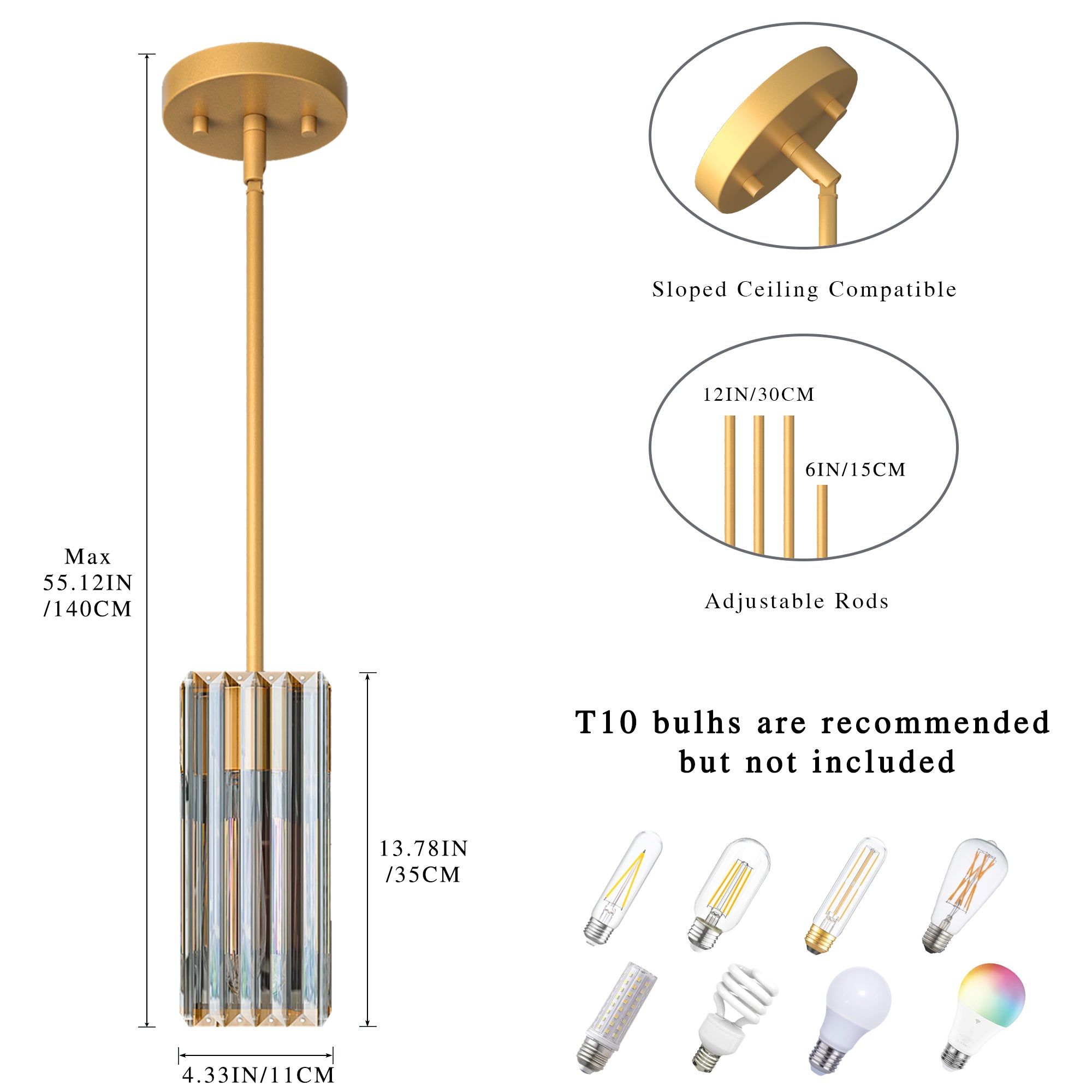 Crystal Pendant Lights for Kitchen Island - 10" Gold Adjustable Chandelier, Dimmable E26 Hanging Fixture, Modern Lighting for Dining Bar, ETL Certified