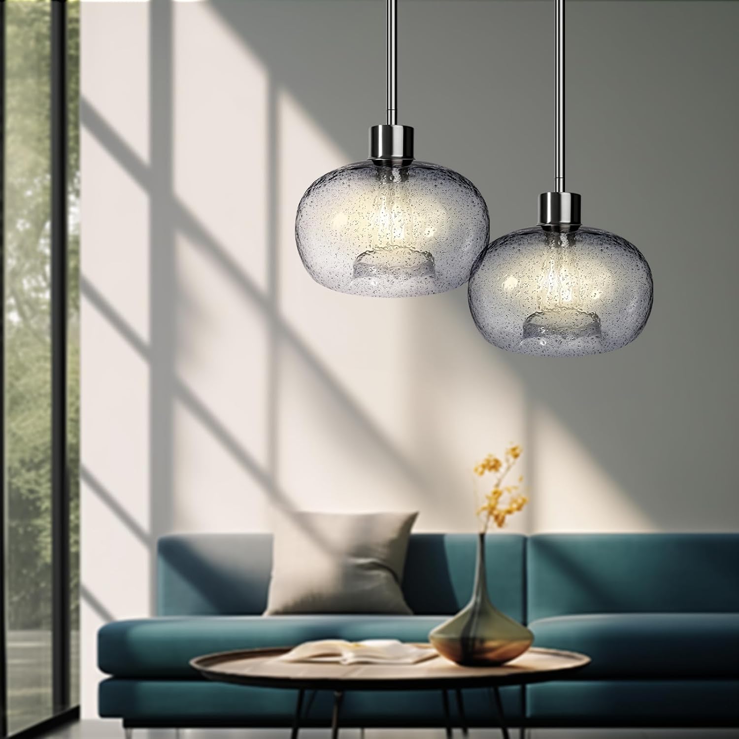GOOUQA 1-Pendant Lights Kitchen Island, Hand Blown Glass Blue Marble Bubbles Pendant Light Fixtures, Metal Light Fixtures Rod Ceiling Ceiling Lighting for Kitchen Island Dining Room Bar
