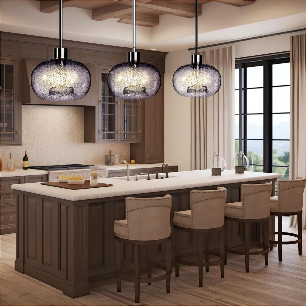 GOOUQA 1-Pendant Lights Kitchen Island, Hand Blown Glass Blue Marble Bubbles Pendant Light Fixtures, Metal Light Fixtures Rod Ceiling Ceiling Lighting for Kitchen Island Dining Room Bar